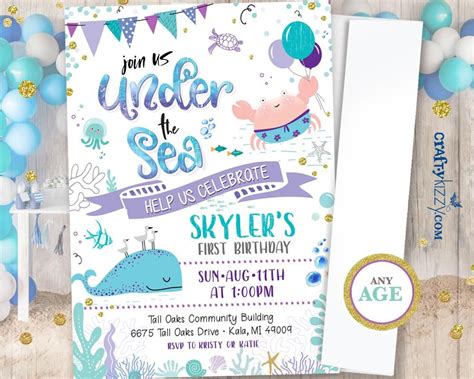 Girl First Birthday Under The Sea Invitation Watercolor Teal And Purple Ocean Birthday Party