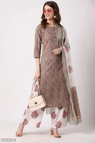 35 36 Brown Cotton Kurti Plazzo Set With Dupatta For Casual At Rs 700