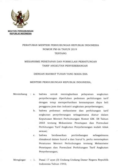 PERATURAN MENTERI PERHUBUNGAN REPUBLIK INDONESIA NOMOR PM 66 TAHUN 2019