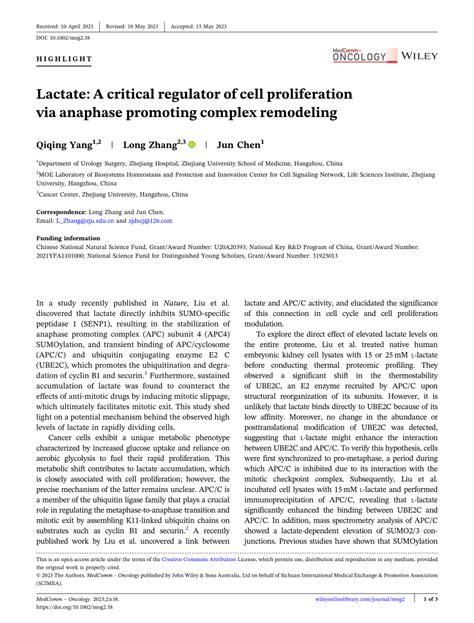 Pdf Lactate A Critical Regulator Of Cell Proliferation Via Anaphase