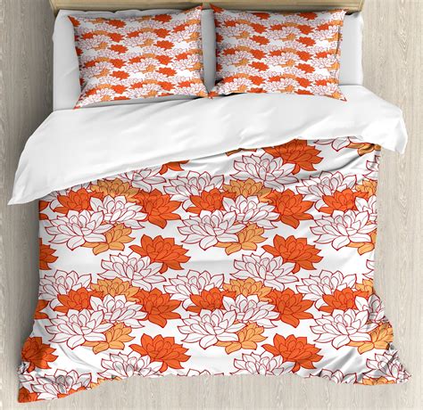 Orange Duvet Cover Set Blossoming Hand Drawn Lotus Leaves Garden