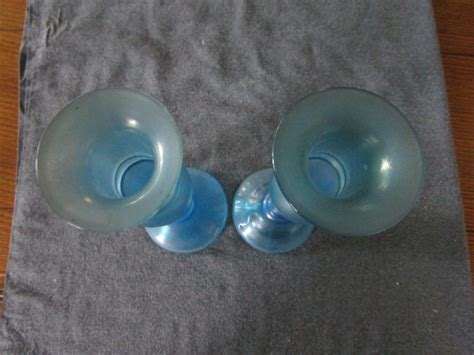 Dugan Diamond Celeste Blue Stretch Glass Candlestick Holder Pair Or Vases Ebay