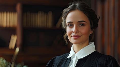 Premium Ai Image Cinematic Court Of Law Trial Portrait Of Impartial Smiling Female Judge