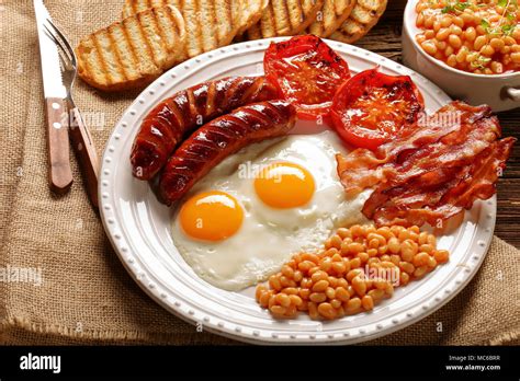 English Breakfast With Sausages Grilled Tomatoes Egg Bacon Beans