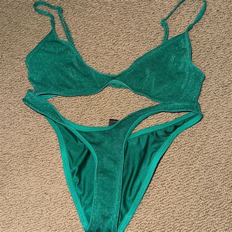 Green Sparkly Triangl Bikini Set Top Depop