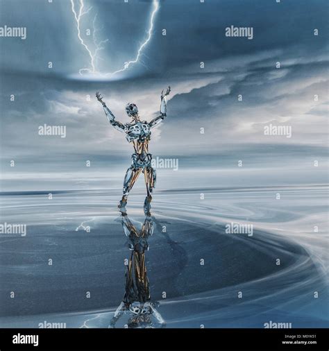 Reflection of robot looking up at lightning Stock Photo - Alamy