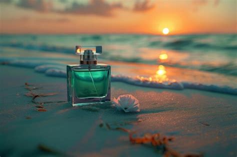 Perfume Bottle On A Beach At Sunset Premium Ai Generated Image