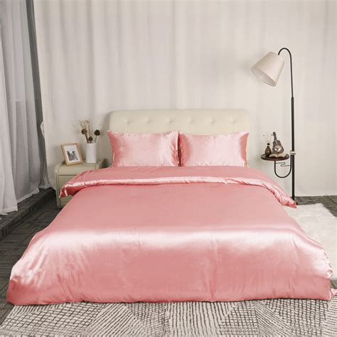 Satin Silk Comforter Duvet Cover Pillowcases Bedding Set Pink Queen