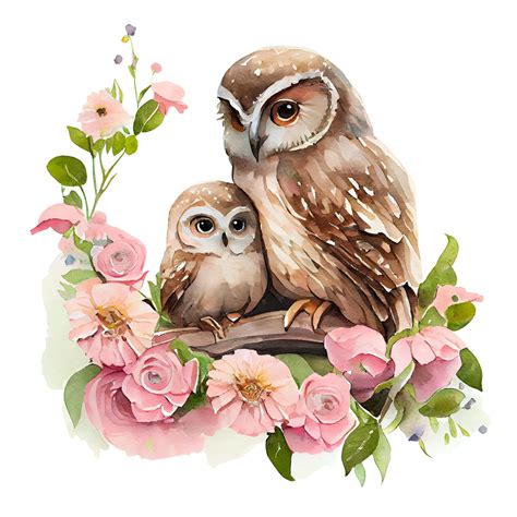 Premium Ai Image Cute Mother Owl And Baby Owl With Pink Flowers