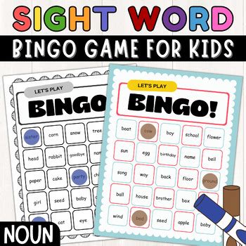 Dolch Noun Sight Words Bingo Game Color Black And White TPT