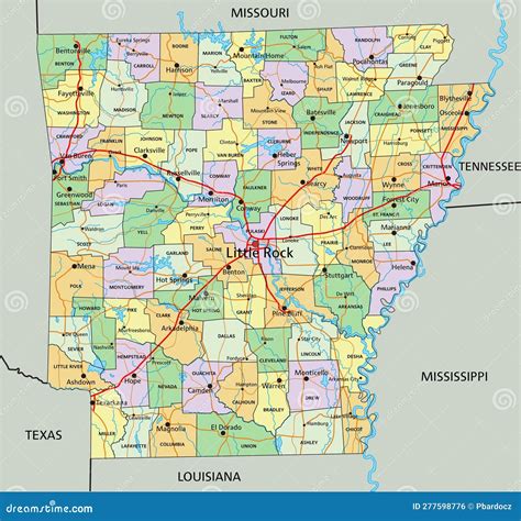 Arkansas Detailed Editable Political Map With Labeling Stock Vector