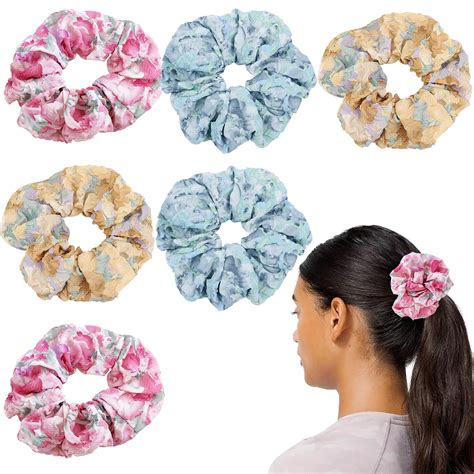 6 Pack Flower Hair Scrunchies Elastics Cherry Blossom Hair