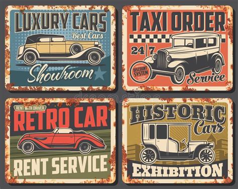 Retro Car Rusty Signs With Vintage Auto Vehicles Stock Vector