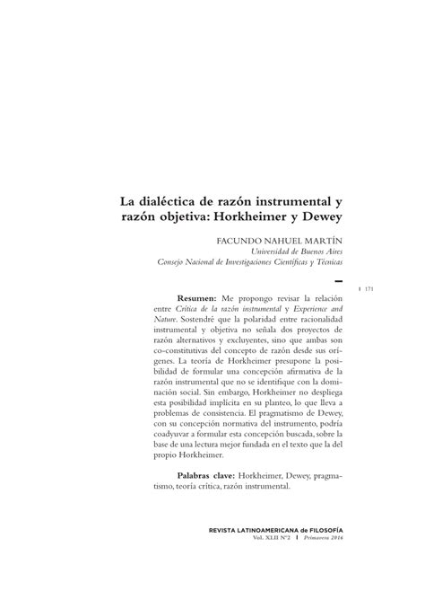 Pdf La Dialéctica De Razón Instrumental Y Razón Objetiva Horkheimer Y Dewey