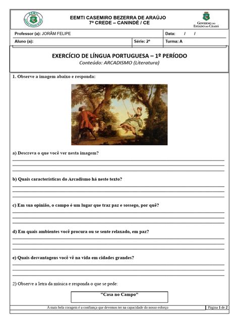 Questões Sobre O Arcadismo - Questões sobre Arcadismo e Música | PDF