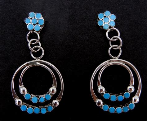 Zuni Turquoise Inlay And Sterling Silver Double Circle Dangle Earrings