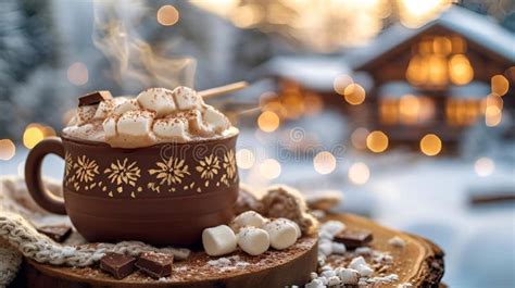 Cup Of Hot Cocoa Topped With Marshmallows Next To Snowy Landscape AI Generated Stock
