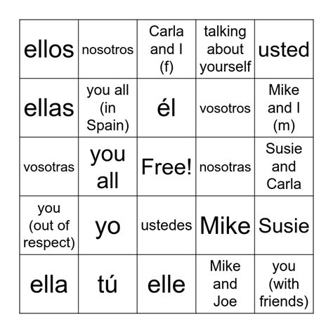 Subject Pronoun Bingo Card