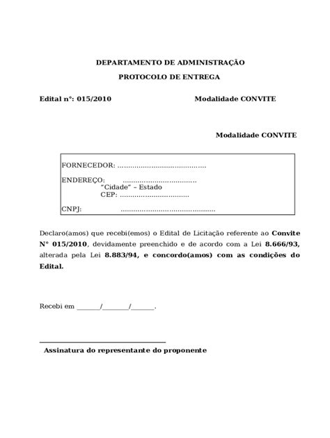 Modalidades De Licitao Convite Doc Template PdfFiller