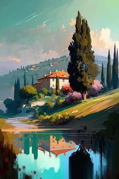 Premium AI Image | A painting of a house by a lake