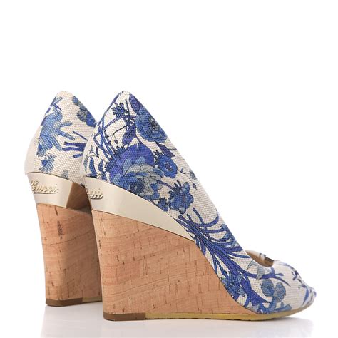 GUCCI Canvas Cork Flora Peep Toe Wedge 7 Indigo 574938