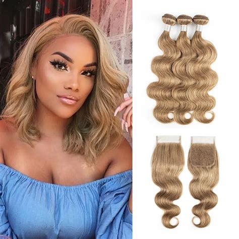 8 Ash Blonde Human Hair Weave Bundles With Closure 34 Bundles