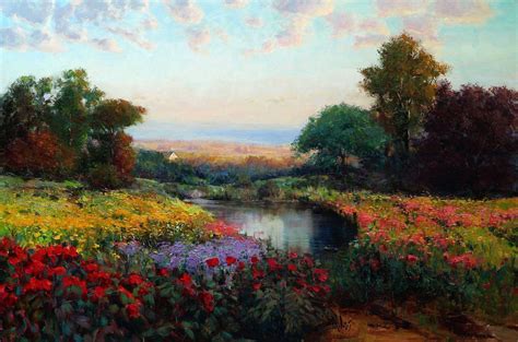 HD Picture Landscape Oil Art Eric Wallis Meadow Lake Flowers Trees Sky ...