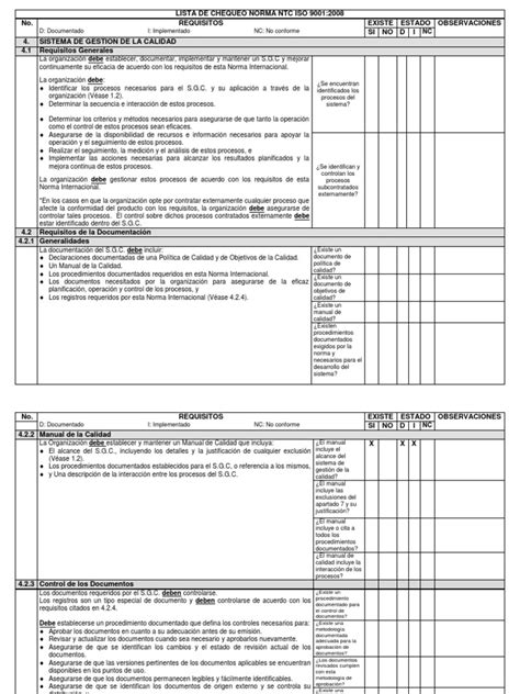 Lista De Chequeo Norma Ntc Iso 9001docx Levantar Pdf Gestión De La