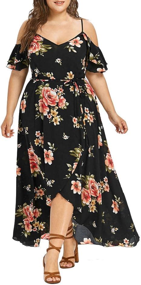 Plus Size Floral Print Beach Dress For Women Sexy Off Shoulder V Neck Midi Dress Vintage High