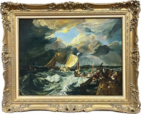 Large Marine Oil Painting Stormy Seascape Fishing Boats Calais Pier ...