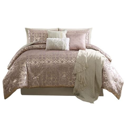 Eve 10 Piece Queen Size Poly Velvet Comforter Set Foil Pattern Blush