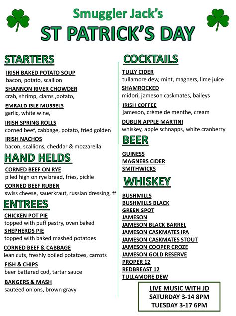 St Patricks Day Menu 2020 Smuggler Jacks