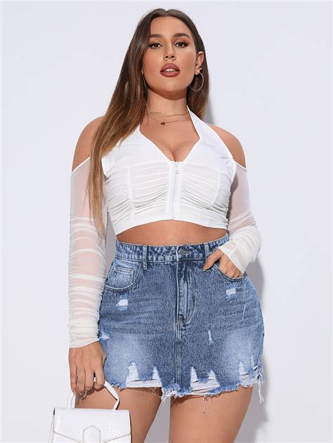 Shein Bae Plus Rhinestone Patched Ripped Raw Hem Denim Skirt Shein Usa