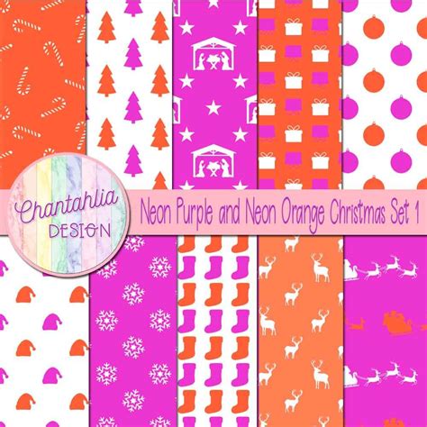 Neon Purple And Neon Orange Christmas Digital Papers Set 1