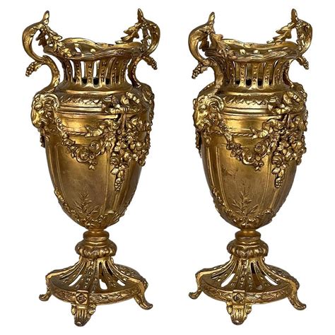 Pair Of Th Century French Louis Xvi Mantel Urns On Marble Bases For