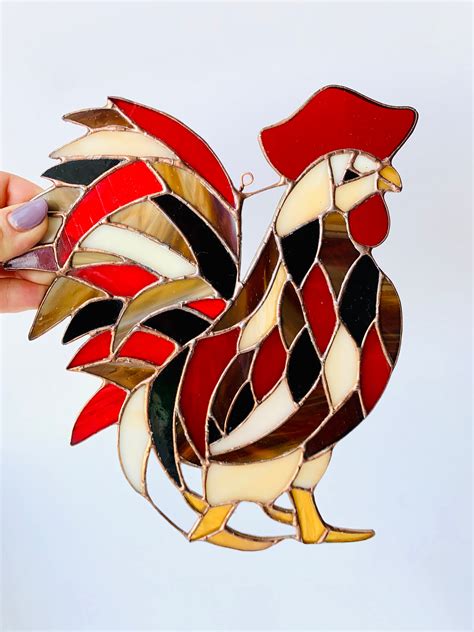 Stained Glass Rooster Suncatcher Nature Home Chicken Decor Etsy