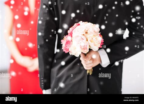 Love Romance Holiday Celebration Concept Man Hiding Bouquet Of