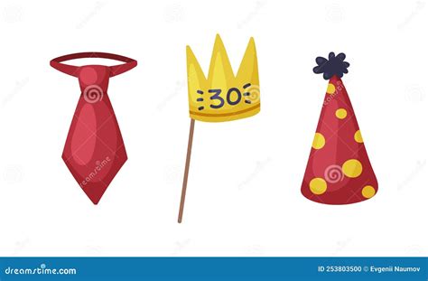 Carnival Photo Booth Party Objects Set Red Tie Golden Crown On Stick And Conical Party Hat