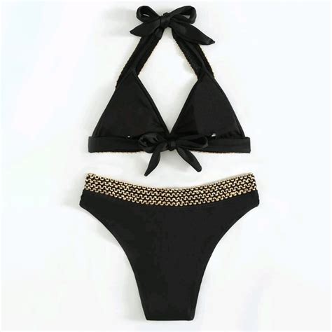 Sexy Micro Bikini Women Solid Black Knit Patchwork Push Up Piece