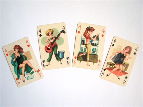 4 Pcs Vintage Pin Up Playing Cards 1960s Romikartya Pinup Girls