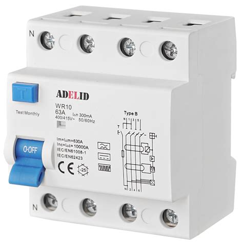 Interrupteur différentiel RCD type B 63A 300mA 10kA 4 pôles Sensible à