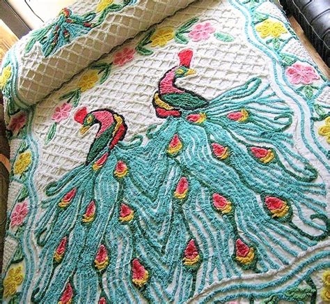 Vintage Prized Cozy And Colorful Chenille Peacock Bedspreads