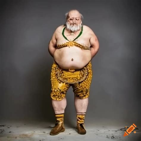 Old Obese Bearded Tattoo Man In Golden Traditional Bavarian Pants On Craiyon