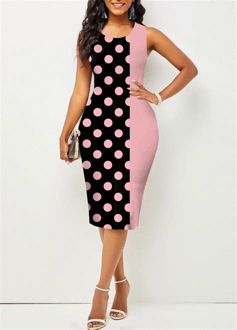 Rotita Polka Dot Sleeveless Pink Round Neck Bodycon Dress Rotita