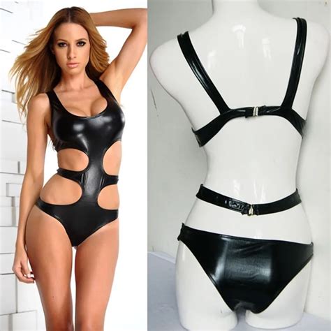 Sexy Lady Black Faux Leather Bodysuits Backless Rompers Erotic Lingerie