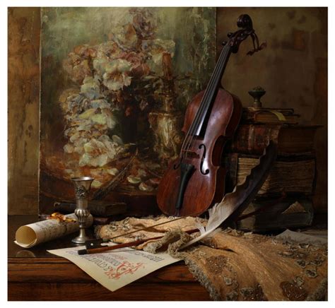 Still Life With Violin And Painting Paper Print By Andrey Morozov