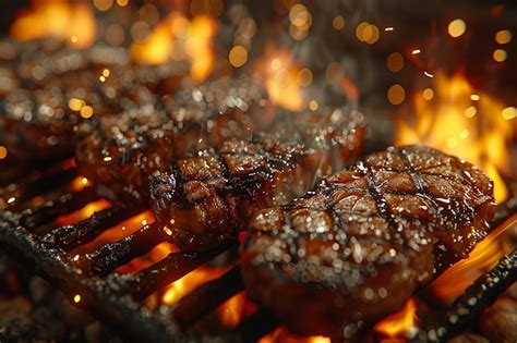 Premium Photo A Grill With Meat And A Fire In The Background