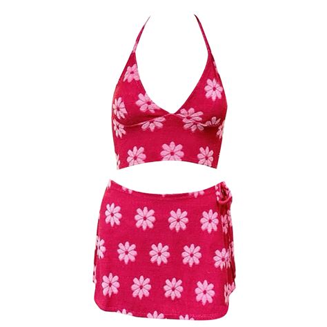 Oplxuo Women S Cute Daisy Swimsuit Halter V Neck Bikini Sets Tie Side