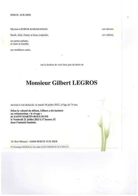 Avis de décès Gilbert LEGROS