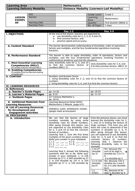 Math 5 Q1 W1 A Lesson Plan Exemplar Is An Exceptional Example Of A